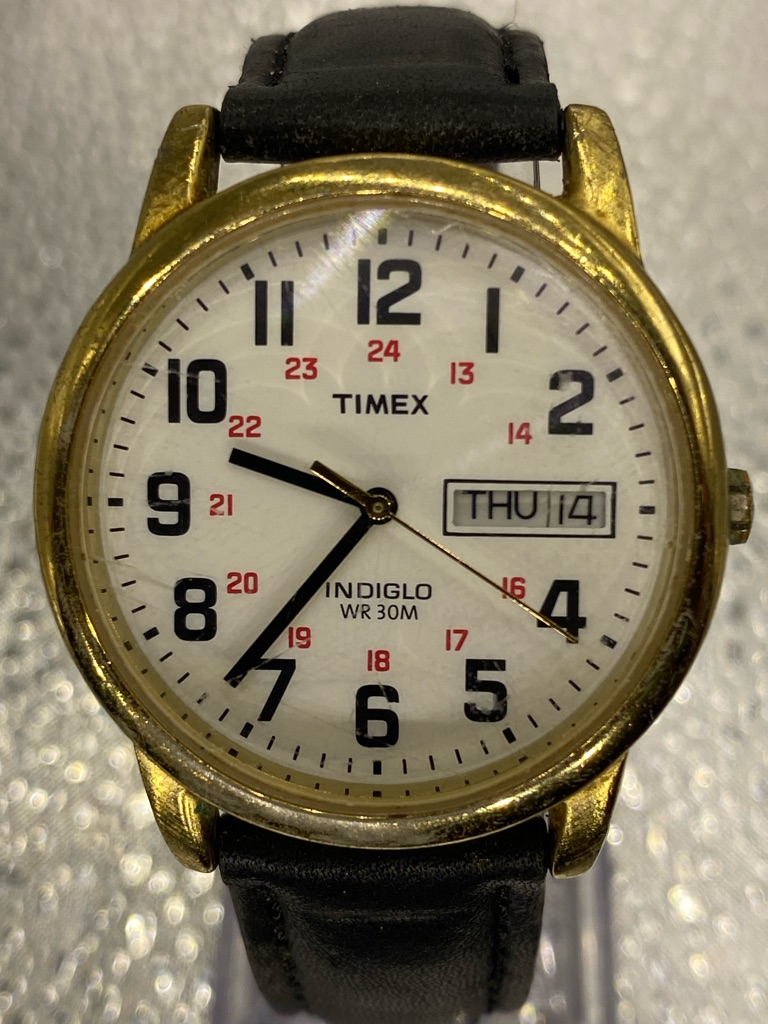 Timex  GoldTone Watch With Black Leather Strap